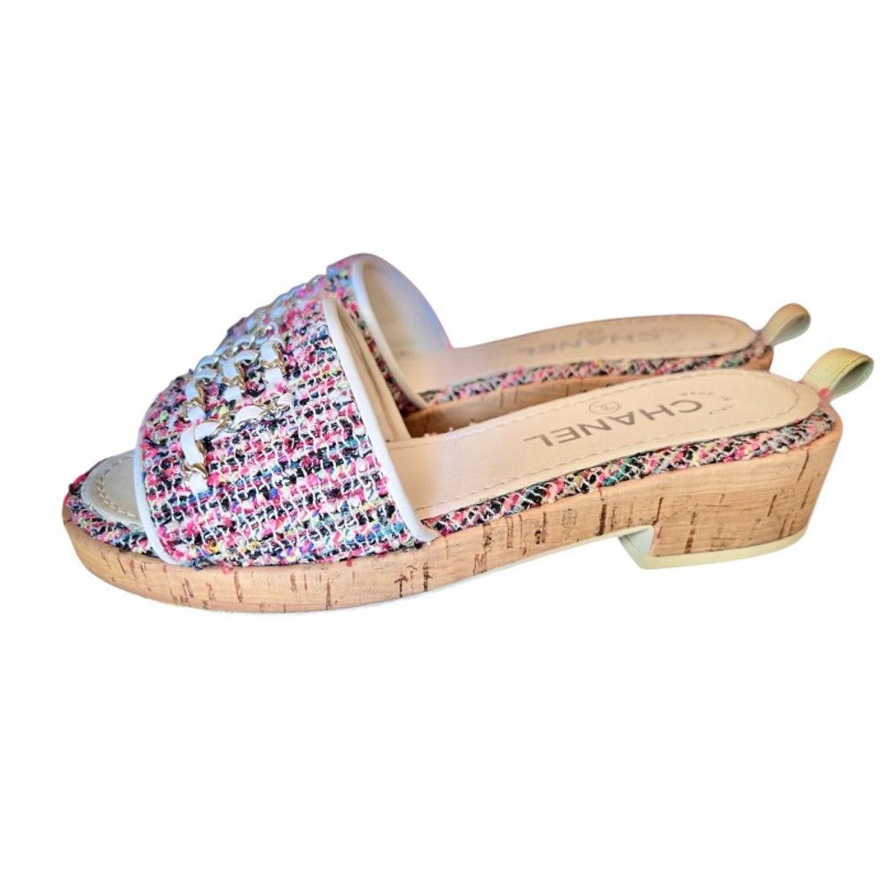 💞"CHA""NEL" Intertwined Leather Chain Tweed Mules Flats Sandals • PINK • 36.5 EU - Picture 6 of 14